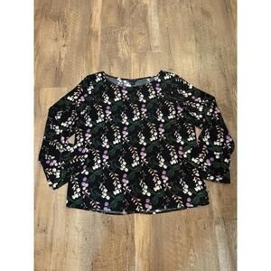 Ann Taylor Black Purple White Floral Long Sleeve Blouse Bell Sleeve Medium